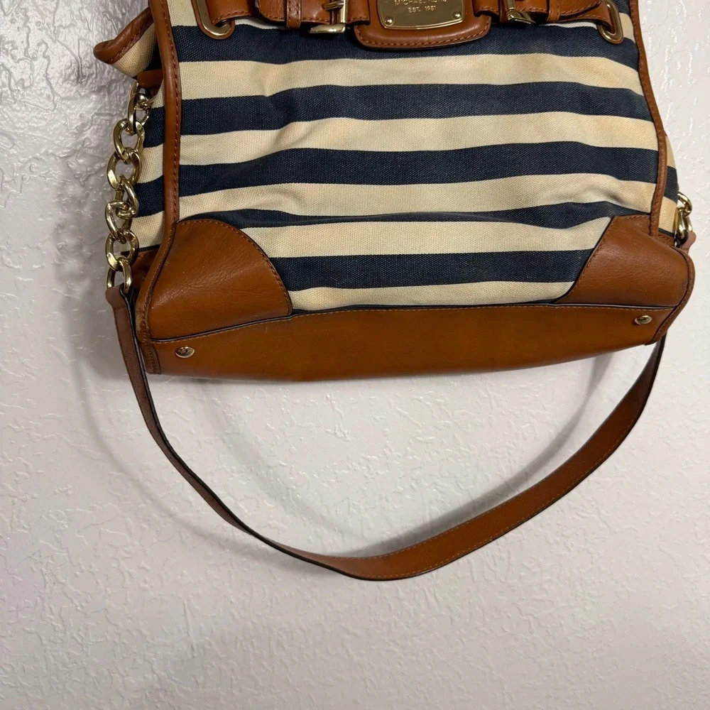 Michael Kors Hamilton Satchel Navy Cream Striped Canvas Leather Trim Handbag